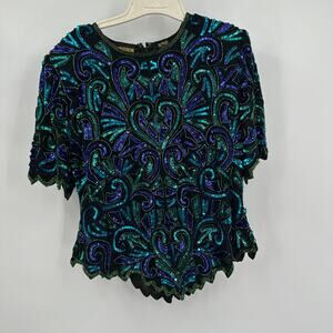 Sequin Hi Fashions Womens Top Sz L Silk Art Deco Beaded 80s Party Glam Statement
